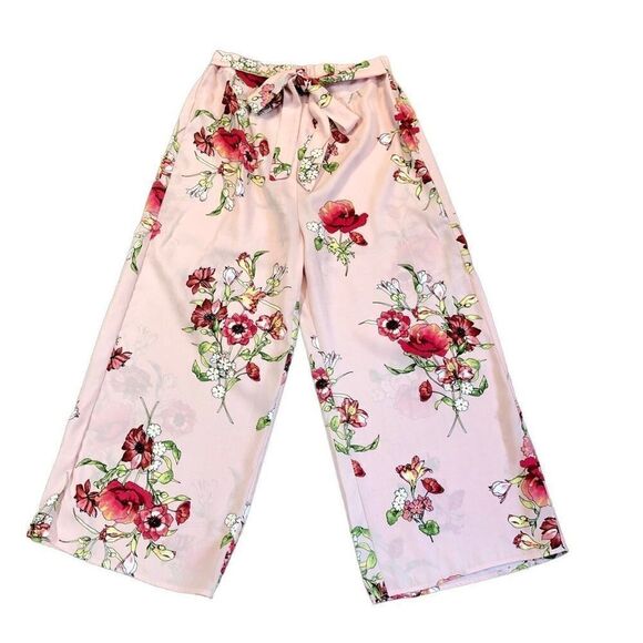 Blu Pepper Pink Wide Leg Floral Pants Belt Medium - Picture 1 of 13